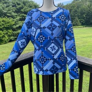 Lands End rashguard swim top geometric sun protection modest resort blue medium